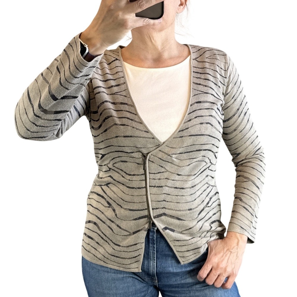 Armani Collezioni Asymmetrical Zip Cardigan Knit Jacket Size US 10 Gray Stripe